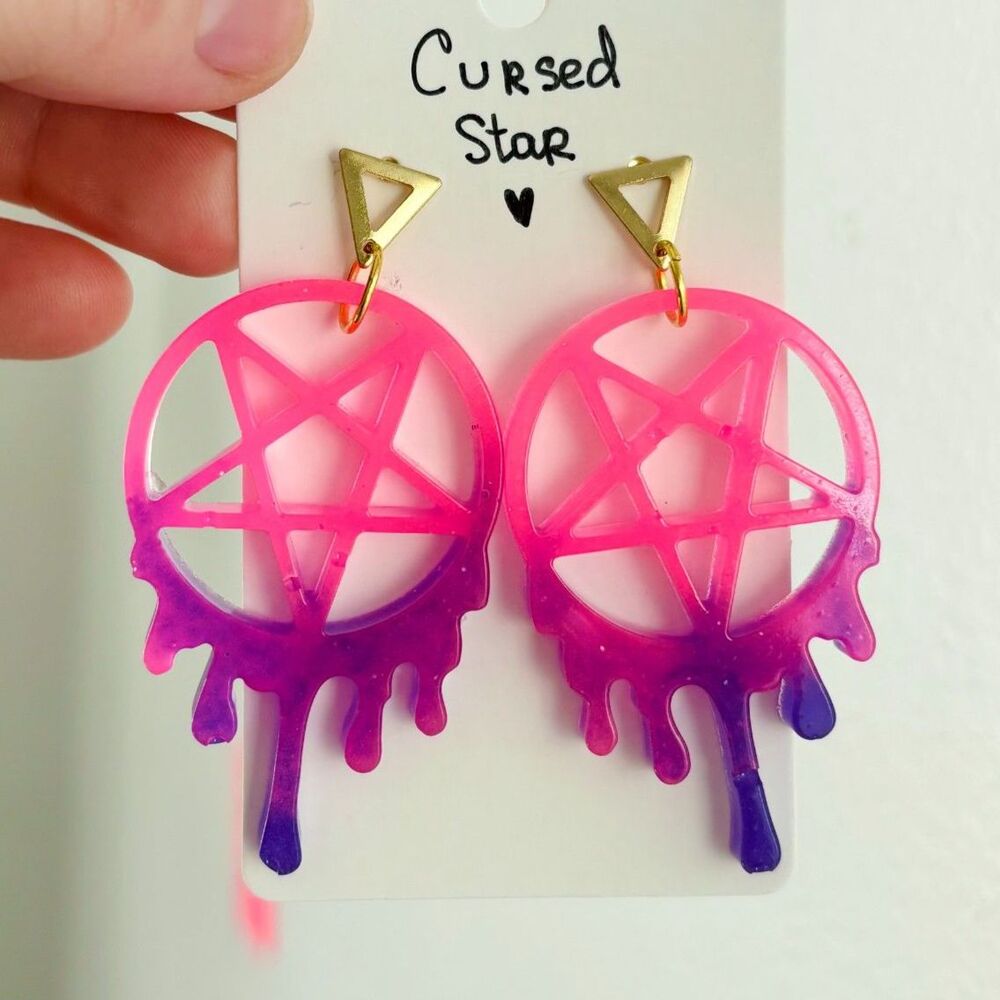 Glow in the Dark Pentagram Earrings Handmade Resin Gothic Halloween Pink Jewelry